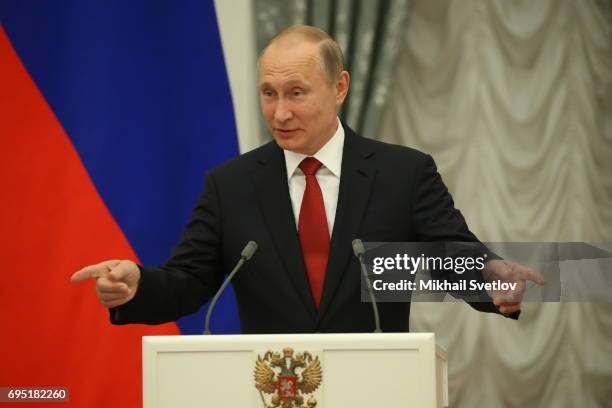 Russian President Vladimir Putin gives a speech during his meeting with children at the Kremlin on June 12, 2017 in Moscow, Russia. Russian President...