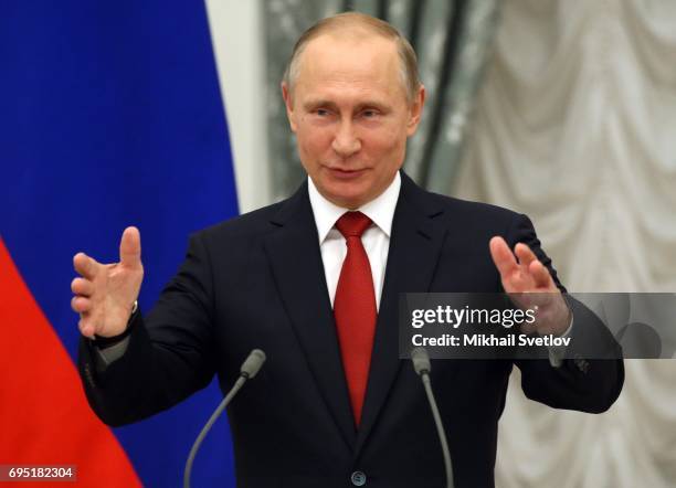 Russian President Vladimir Putin gives a speech during his meeting with children at the Kremlin on June 12, 2017 in Moscow, Russia. Russian President...