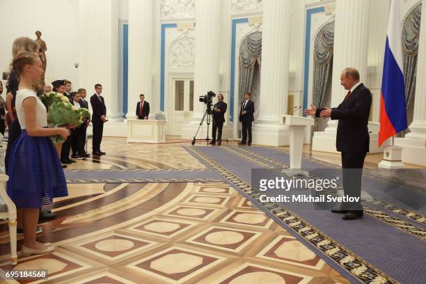 Russian President Vladimir Putin gives a speech during his meeting with children at the Kremlin on June 12, 2017 in Moscow, Russia. Russian President...
