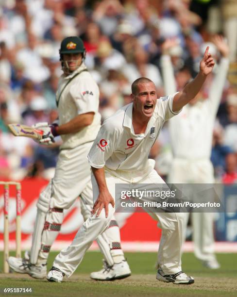 Simon Jones of England appeals for the wicket of Matthew Hayden of Australia on the second day of the 3rd Ashes Test at Old Trafford cricket ground...