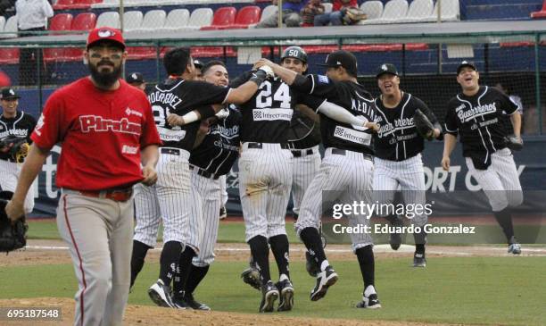 Players of Guerreros de Oaxaca celebrate after the match between Piratas de Campeche and Guerreros de Oaxaca as part of the Liga Mexicana de Beisbol...