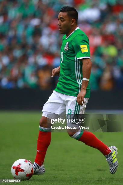 Marco Fabian of Mexico drives the ball during the match between Mexico and The United States as part of the FIFA 2018 World Cup Qualifiers at Azteca...