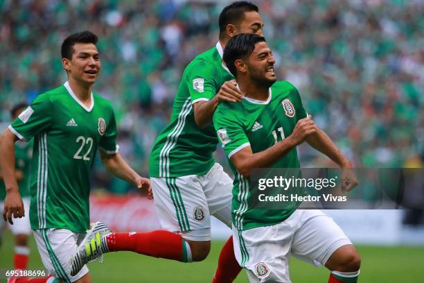 Carlos Vela of Mexico celebrates with teammates after during the match between Mexico and The United States as part of the FIFA 2018 World Cup...