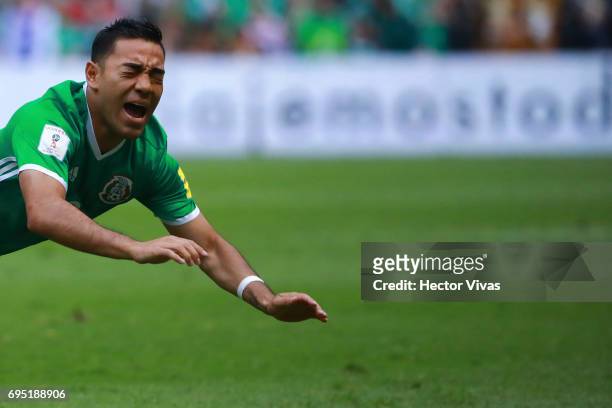Marco Fabian of Mexico receives a foul during the match between Mexico and The United States as part of the FIFA 2018 World Cup Qualifiers at Azteca...