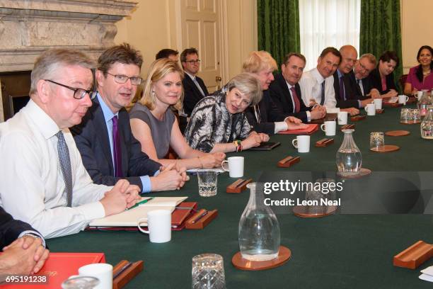 British Prime Minister Theresa May holds the first Cabinet meeting of her new team at 10 Downing Street on June 12, 2017 in London, England. The...