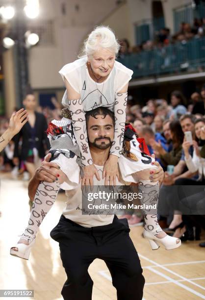 Vivenne Westwood walks the runway at the Vivenne Westwood show during the London Fashion Week Men's June 2017 collections on June 12, 2017 in London,...