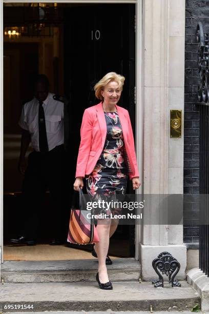 Leader of the House of Commons Andrea Leadsom leaves before British Prime Minister Theresa May holds the first Cabinet meeting with her re-shuffled...