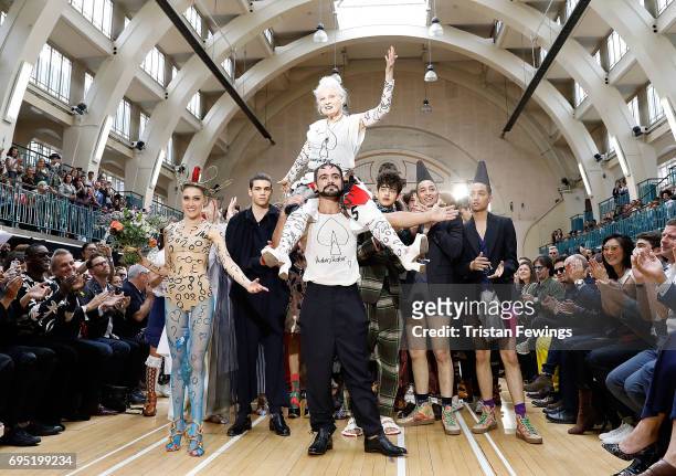 Vivenne Westwood walks the runway at the Vivenne Westwood show during the London Fashion Week Men's June 2017 collections on June 12, 2017 in London,...