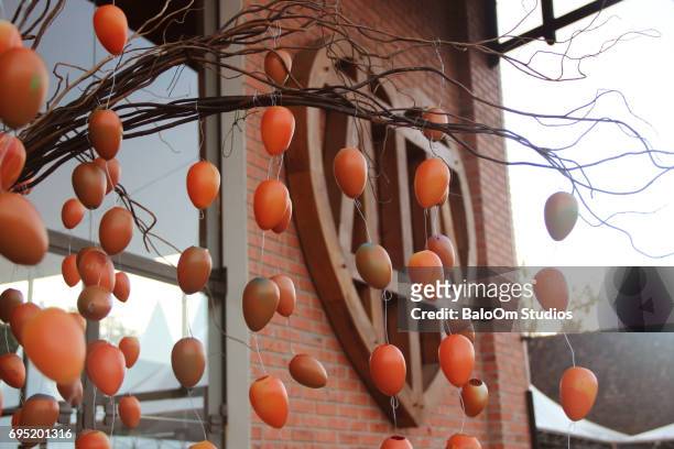facade of the teatro municipal de pomerode decorated for the osterfest - osterbaum stock pictures, royalty-free photos & images