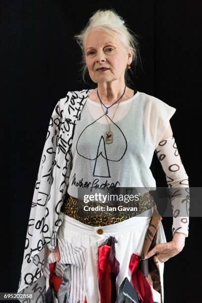 Vivenne Westwood backstage ahead of her show during the London Fashion Week Men's June 2017 collections on June 12, 2017 in London, England.