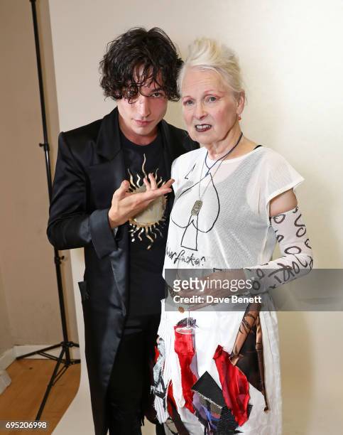 Ezra Miller and Vivienne Westwood attend the Vivenne Westwood SS18 show during the London Fashion Week Men's June 2017 collections on June 12, 2017...