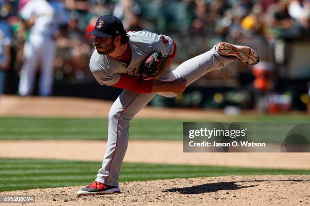 Ben Taylor of the Boston Red Sox pitches against the Oakland Athletics during the fifth inning at the Oakland Coliseum on May 20, 2017 in Oakland,...