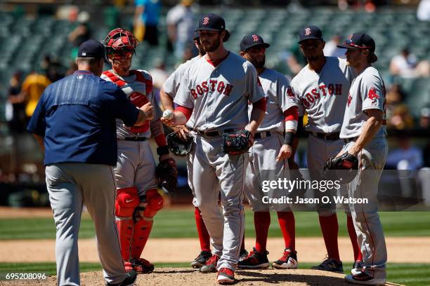 Ben Taylor of the Boston Red Sox is relieved by manager John Farrell during the fifth inning against the Oakland Athletics at the Oakland Coliseum on...