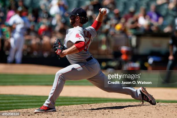 Ben Taylor of the Boston Red Sox pitches against the Oakland Athletics during the fifth inning at the Oakland Coliseum on May 20, 2017 in Oakland,...