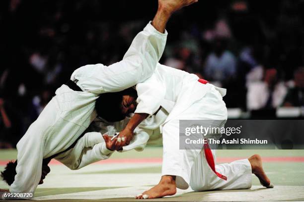 Tadahiro Nomura of Japan competes in the Judo Men's -60kg during the Atlanta Summer Olympic Games at the Georgia World Congress Center on July 26,...