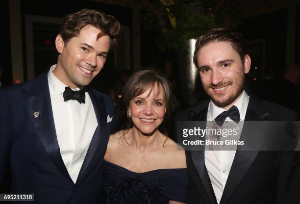 Andrew Rannells, Sally Field and son Sam Greisman pose at the 2017 DKC/O&M Tony After Party at The Carlysle Hotel on June 11, 2017 in New York City.