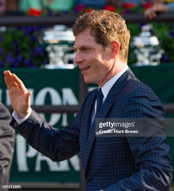 Bobby Flay in the winners circle after the Manhattan Stakes at Belmont Park on June 10, 2017 in Elmont, New York..