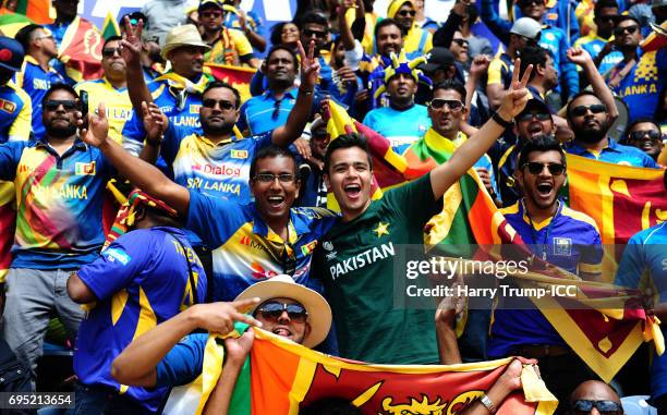 Sri Lanka and Pakistan fans look on during the ICC Champions Trophy match between Sri Lanka and Pakistan at SWALEC Stadium on June 12, 2017 in...