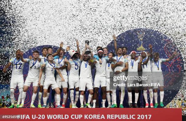 Lewis Cook of England lifts the trophy after winning the FIFA U-20 World Cup Korea Republic 2017 Final match between Venezuela and England at Suwon...