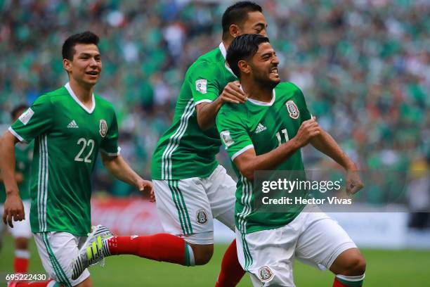 Carlos Vela of Mexico celebrates with teammates after during the match between Mexico and The United States as part of the FIFA 2018 World Cup...