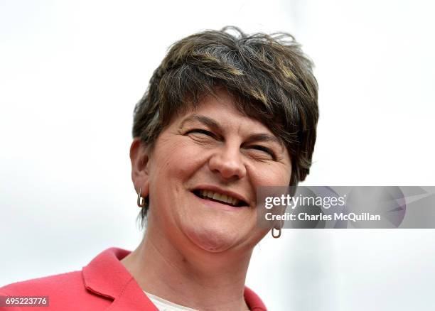 Leader Arlene Foster holds a press conference at Stormont Castle as the Stormont assembly power sharing negotiations reconvene following the general...