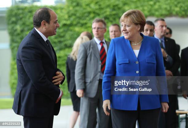 German Chancellor Angela Merkel welcomes Egyptian President Abd El-Fattah El-Sisi at the Chancellery on June 12, 2017 in Berlin, Germany. El-Sisi is...