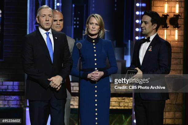 Kevin Spacey, Michael Kelly, Robin Wright, and Lin-Manuel Miranda at THE 71st ANNUAL TONY AWARDS broadcast live from Radio City Music Hall in New...