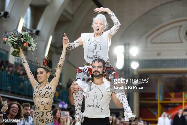 Vivienne Westwood walks the runway at the Vivenne Westwood show during the London Fashion Week Men's June 2017 collections on June 12, 2017 in...