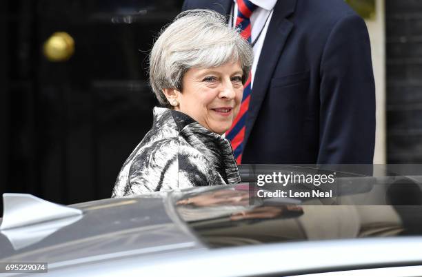 British Prime Minister Theresa May leaves 10 Downing Street for the 1922 committee on June 12, 2017 in London, England. British Prime Minister...