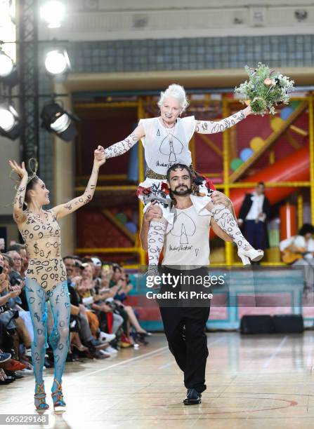 Vivienne Westwood walks the runway at the Vivenne Westwood show during the London Fashion Week Men's June 2017 collections on June 12, 2017 in...