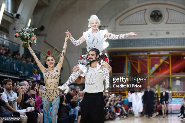 Vivienne Westwood walks the runway at the Vivenne Westwood show during the London Fashion Week Men's June 2017 collections on June 12, 2017 in...