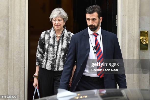 British Prime Minister Theresa May leaves 10 Downing Street for the 1922 committee on June 12, 2017 in London, England. British Prime Minister...