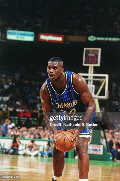 Shaquille O'Neal of the Orlando Magic handles the ball against the Boston Celtics during Game Three of the Eastern Conference Semifinals on May 3,...