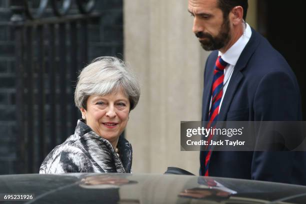 British Prime Minister Theresa May leaves 10 Downing Street for the 1922 committee on June 12, 2017 in London, England. British Prime Minister...