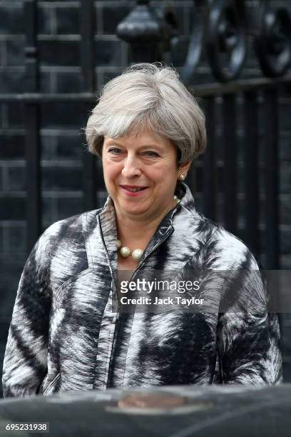 British Prime Minister Theresa May leaves 10 Downing Street for the 1922 committee on June 12, 2017 in London, England. British Prime Minister...