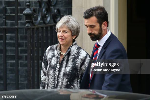 British Prime Minister Theresa May leaves 10 Downing Street for the 1922 committee on June 12, 2017 in London, England. British Prime Minister...