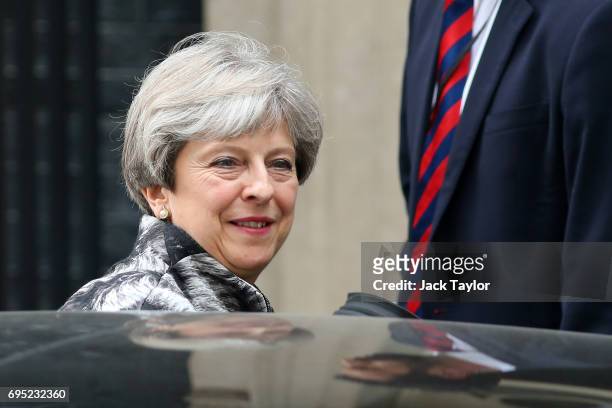 British Prime Minister Theresa May leaves 10 Downing Street for the 1922 committee on June 12, 2017 in London, England. British Prime Minister...