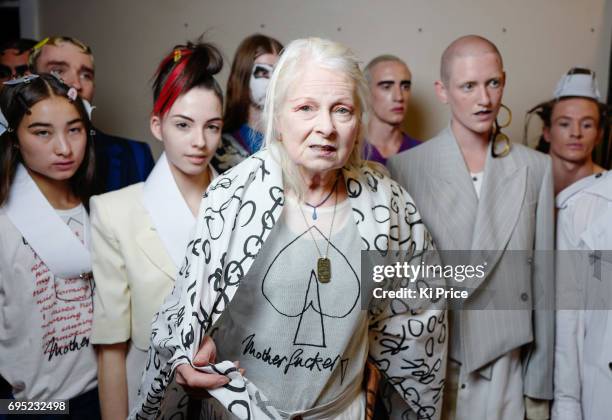 Vivienne Westwood with models backstage ahead of the Vivenne Westwood show during the London Fashion Week Men's June 2017 collections on June 12,...