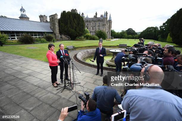 Leader Arlene Foster stands alongside deputy leader Nigel Dodds as they hold a press conference at Stormont Castle as the Stormont assembly power...