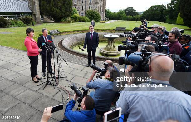 Leader Arlene Foster stands alongside deputy leader Nigel Dodds as they hold a press conference at Stormont Castle as the Stormont assembly power...