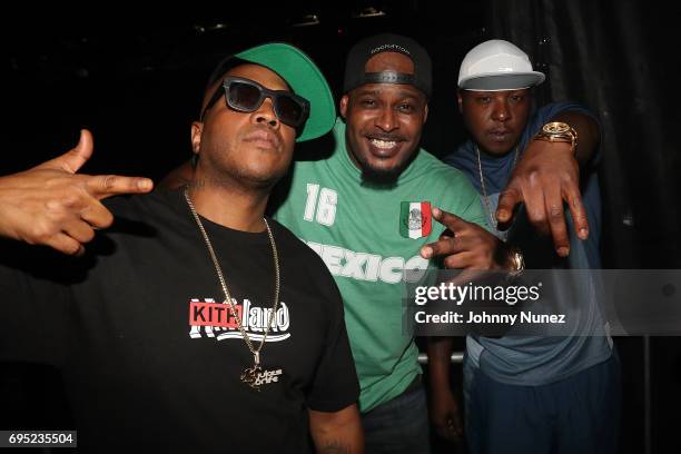 Jason "Jadakiss" Phillips, David "Styles P" Styles, and Sean "Sheek Louch" Jacobs of The Lox backstage at the 2017 Hot 97 Summer Jam at MetLife...