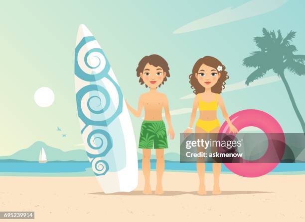 boy and girl on the beach - surfer girl stock illustrations