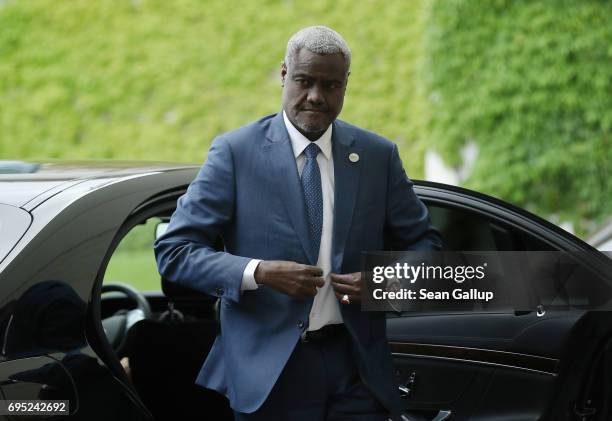 Chairman of the African Union Commission Moussa Faki arrives at the Chancellery to meet with German Chancellor Angela Merkel on June 12, 2017 in...