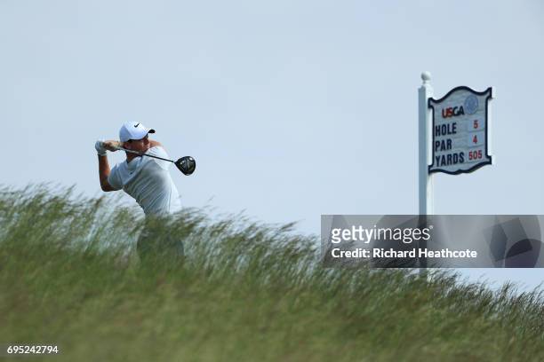 Rory McIlroy of Northern Ireland plays a shot during a practice round prior to the 2017 U.S. Open at Erin Hills on June 12, 2017 in Hartford,...