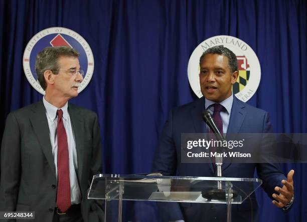 Maryland Attorney General Brian Frosh and District of Columbia Attorney General Karl Racine speak to the media about filing a lawsuit against U.S....