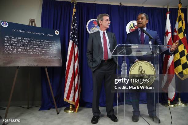 Maryland Attorney General Brian and District of Columbia Attorney General Karl Racine speak to the media about filing a lawsuit against U.S....