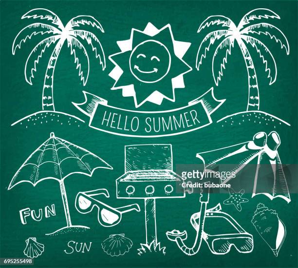 beach and summer vector hand drawings on green chalk board - beach bbq stock illustrations