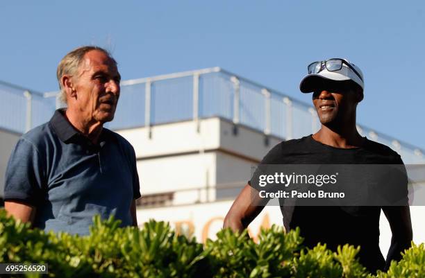 Roma former head coach Zdenek Zeman and former player Aldair attend the Italy U21 training session at Fulvio Bernardini sport center on June 12, 2017...