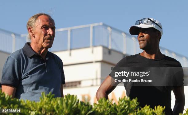 Roma former head coach Zdenek Zeman and former player Aldair attend the Italy U21 training session at Fulvio Bernardini sport center on June 12, 2017...