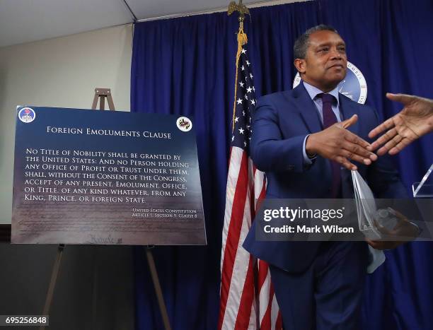 District of Columbia Attorney General Karl Racine finishes speaking about filing a lawsuit against U.S. President Donald Trump, on June 12, 2017 in...